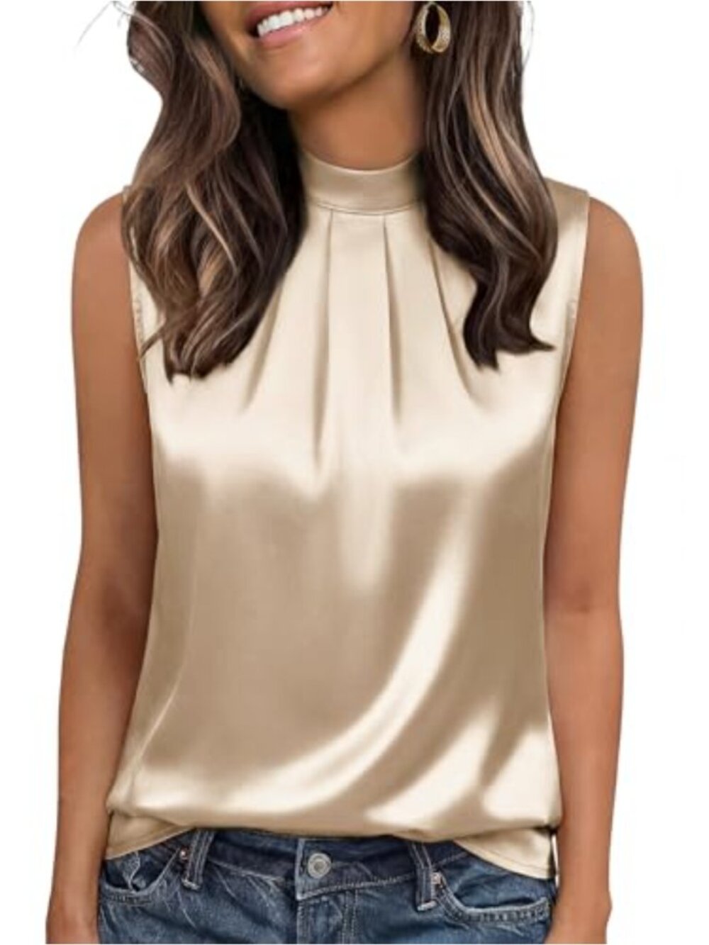 Satin Tank Top Sleeveless Mock Neck Pleated Business Casual Blouse